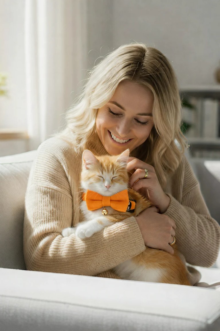 image 3 Woman cuddling ginger cat with orange bow tie