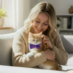 Woman cuddling kitten wearing purple bow tie
