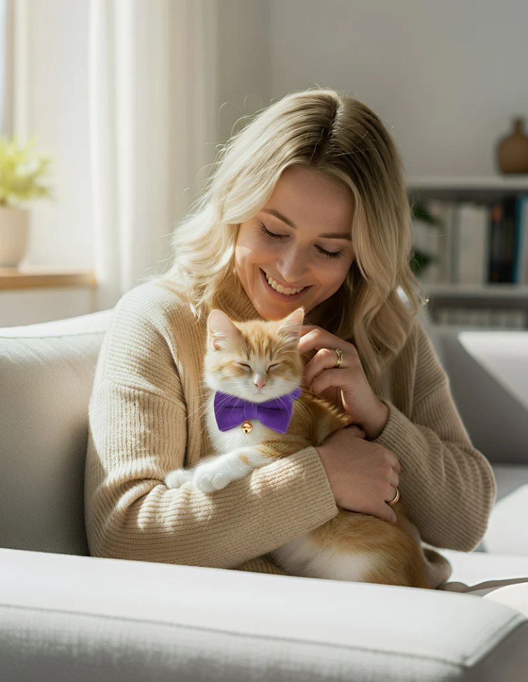 Woman cuddling kitten wearing purple bow tie