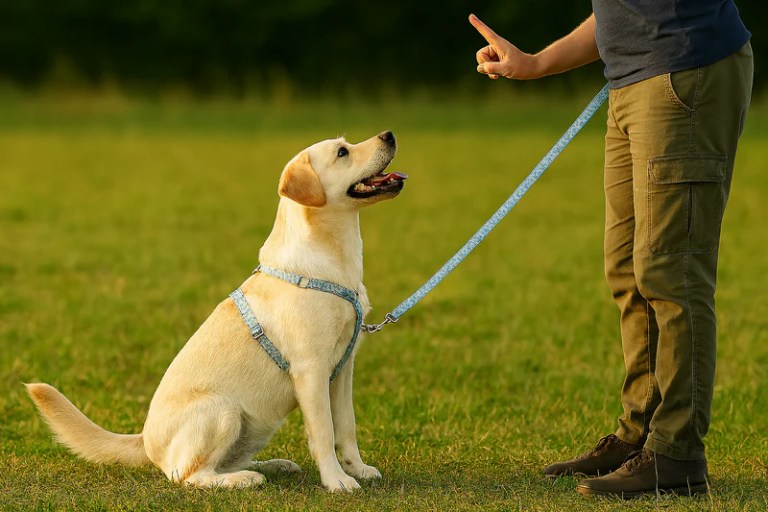 Labrador retriever sitting on grass during training