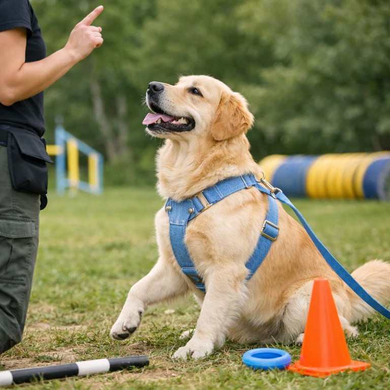 Golden retriever training with handler in park
