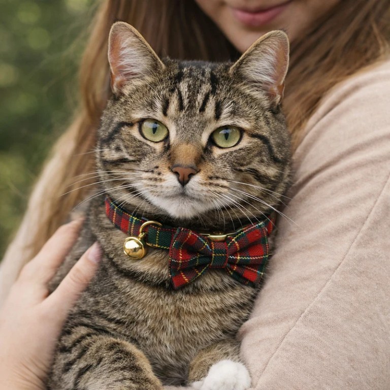image 4 Tabby cat wearing tartan bow tie collar