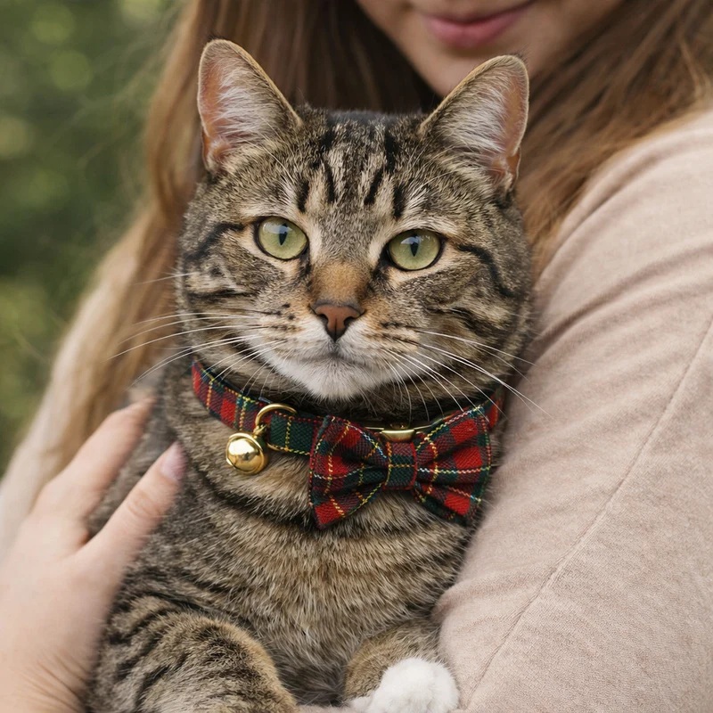 Tabby cat wearing tartan bow tie collar
