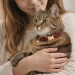 Woman cuddling tabby cat with tartan collar