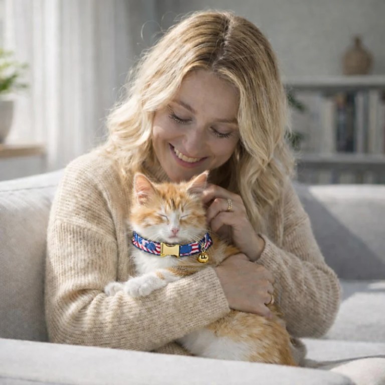 Woman cuddling orange and white cat indoors