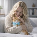 image 4 Woman cuddling ginger cat with blue bow tie