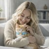 Woman cuddling ginger kitten on sofa