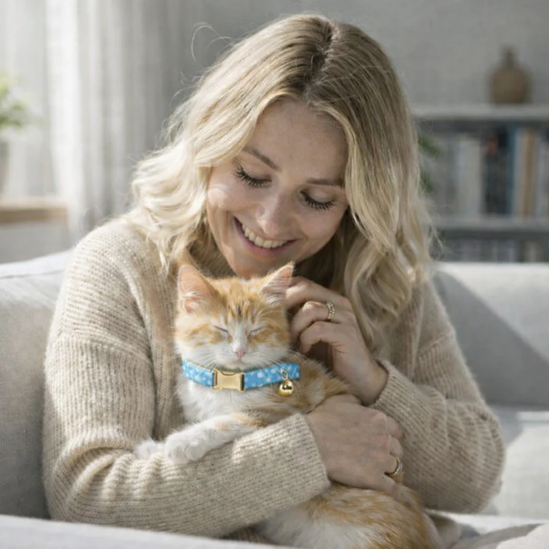 Woman cuddling ginger kitten on sofa