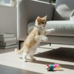 Ginger kitten playing with toy mouse indoors