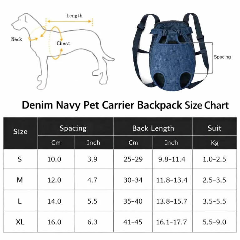 Denim navy pet carrier backpack size chart