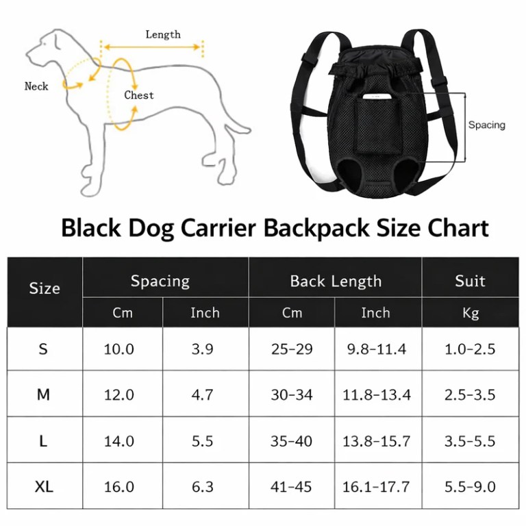 Black dog carrier backpack size chart and measurements