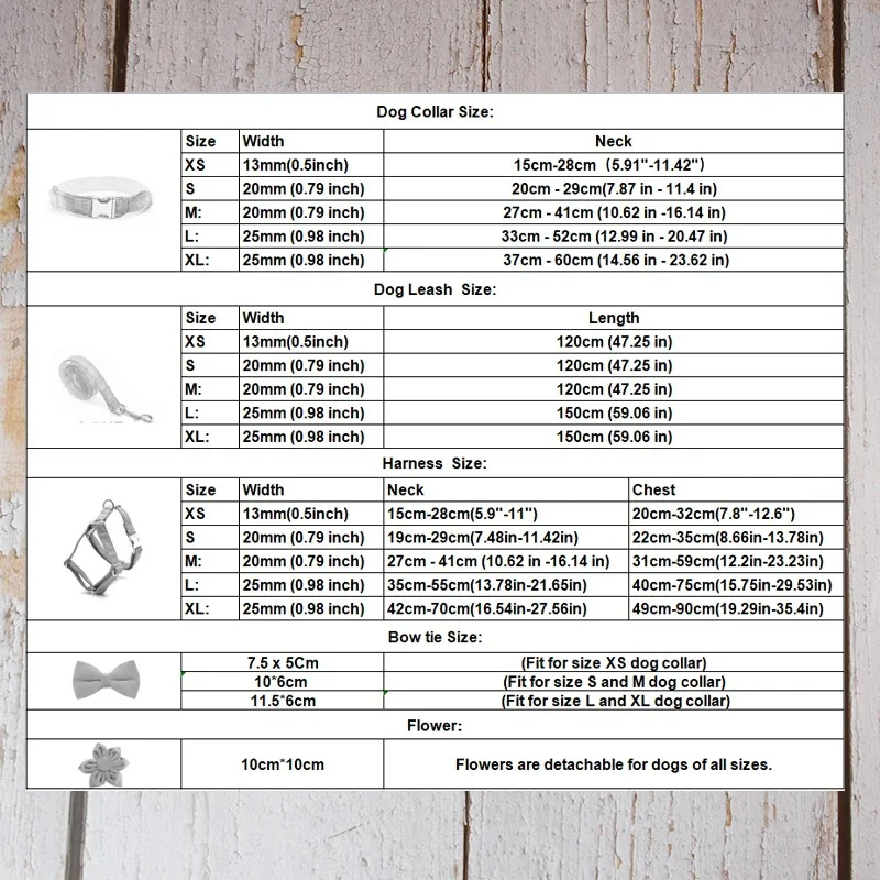 Dog collar, leash and harness size chart