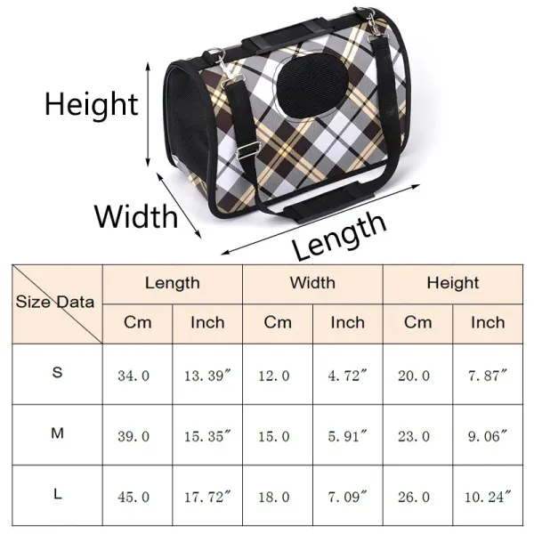 Plaid pet carrier bag with size chart