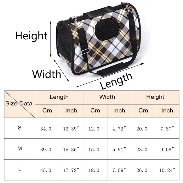 Plaid pet carrier bag with size chart
