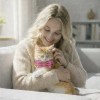 Woman cuddling orange kitten wearing pink bow tie