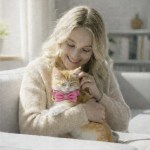 imgae 3 Woman cuddling orange kitten wearing pink bow tie