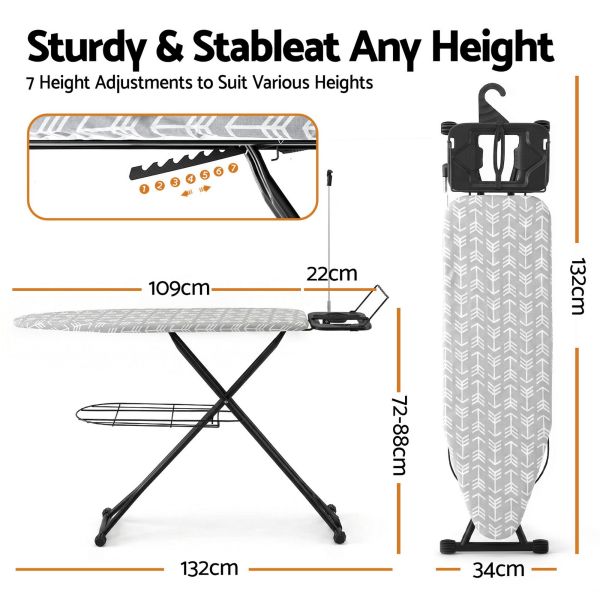 Adjustable ironing board with seven height settings