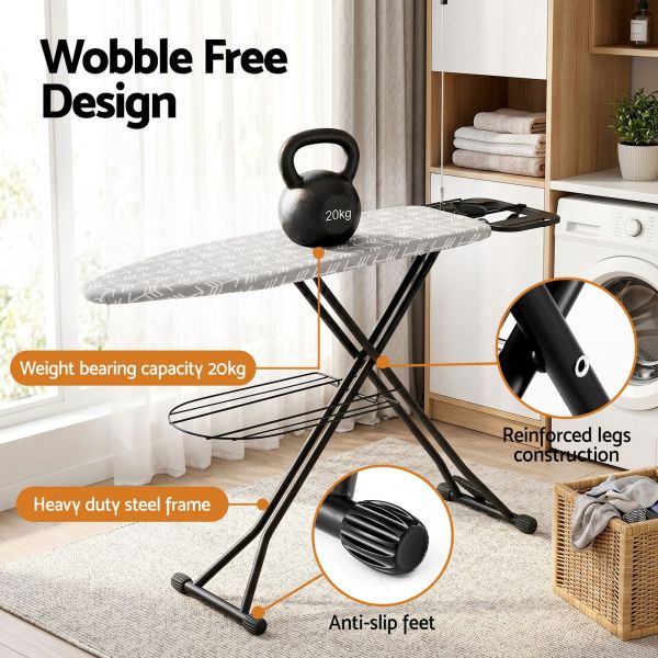 Sturdy ironing board with 20kg kettlebell on top