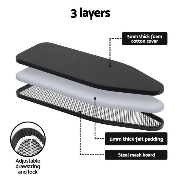 artiss foldable ironing board with iron rest ironing board for laundry room Three-layer ironing board cover construction diagram