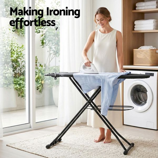 artiss foldable ironing board with iron rest ironing board for laundry room Woman ironing shirt in bright modern laundry room