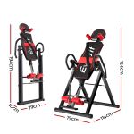 Black and red inversion table with dimensions shown