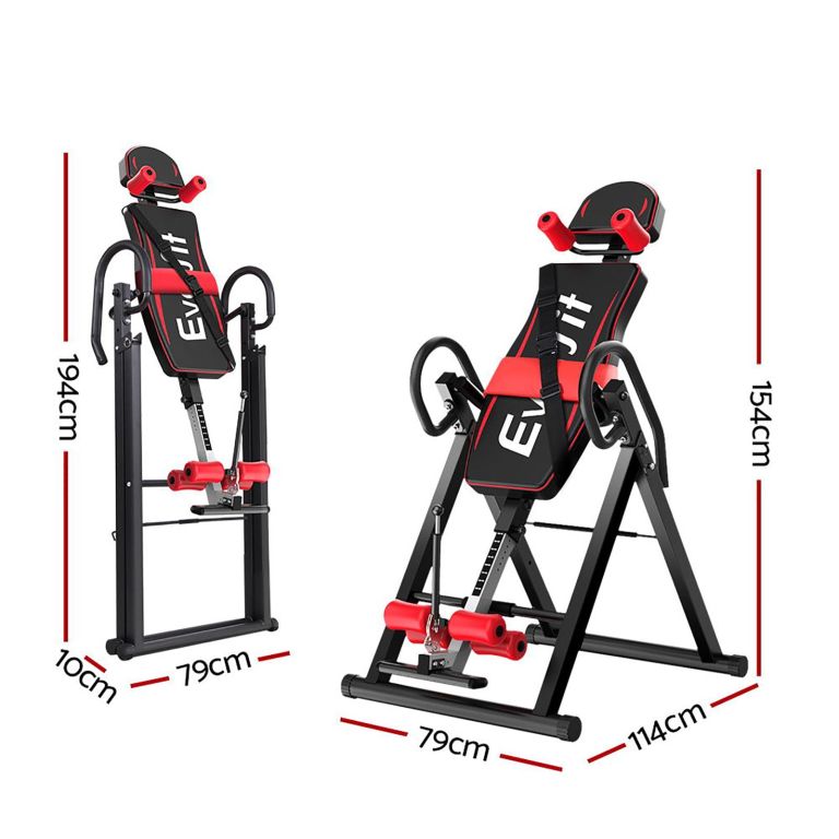 Black and red inversion table with dimensions shown