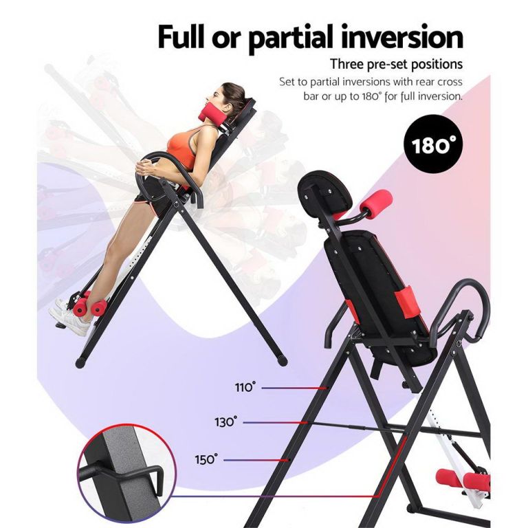 Adjustable inversion table with woman demonstrating tilt positions
