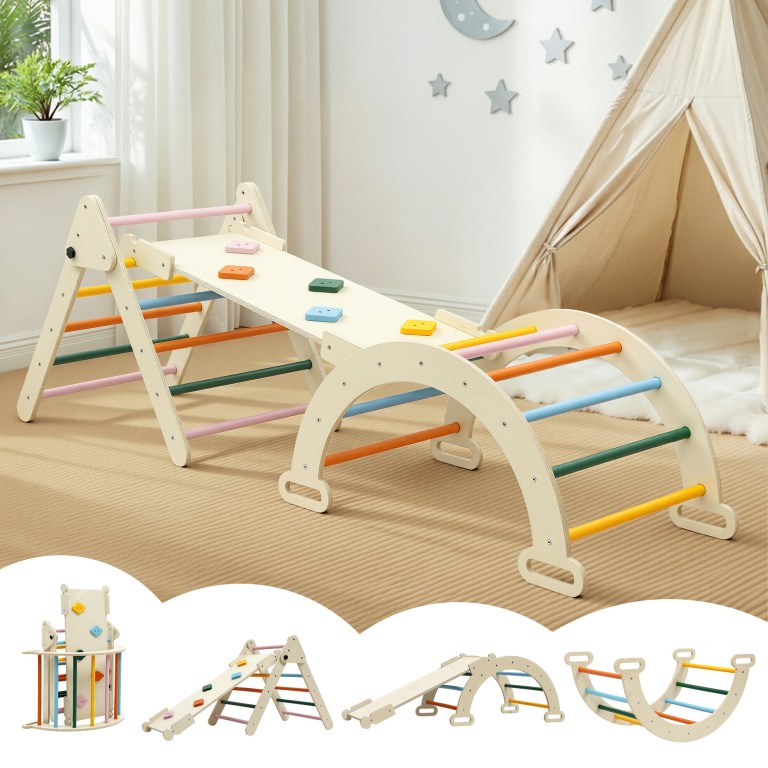 Wooden Montessori climbing frame with ramp in playroom