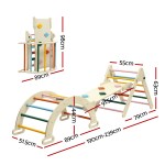 Wooden Montessori climbing frame set with dimensions shown