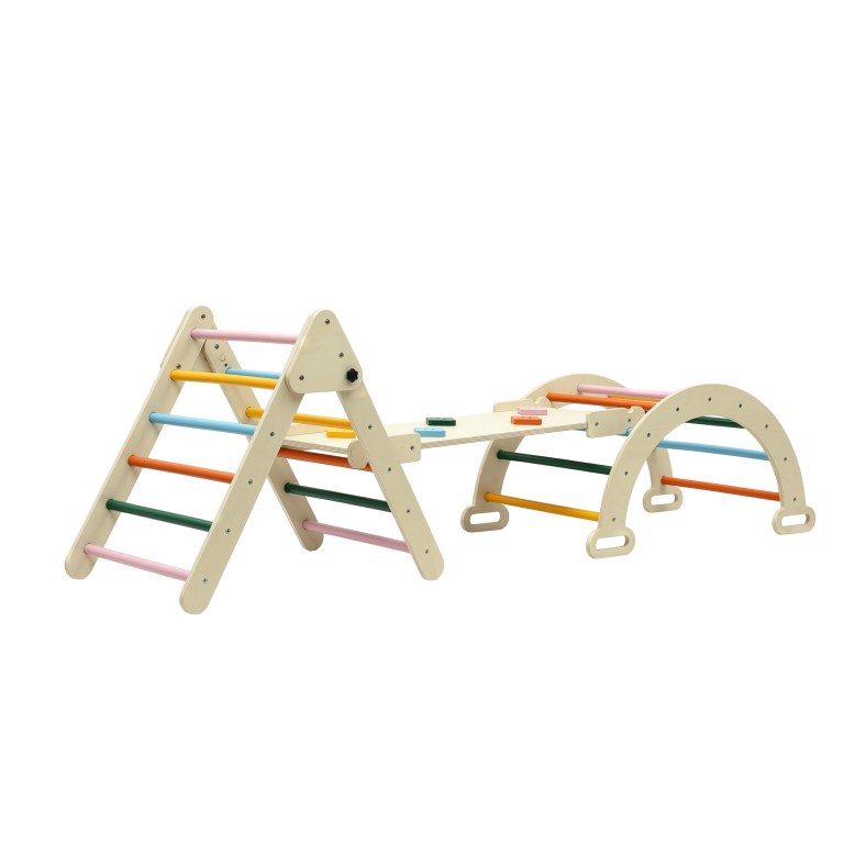 Wooden indoor climbing frame with pastel bars