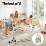 Mother and children playing on wooden climbing frame
