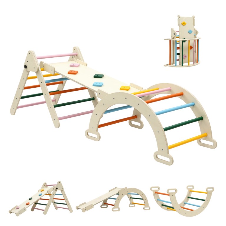 Wooden children’s climbing frame with colourful rungs