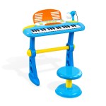 Colourful children's toy keyboard with stool and microphone