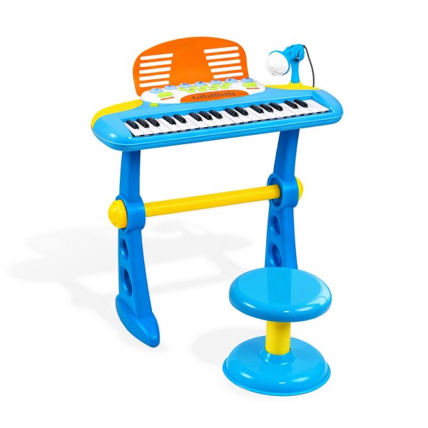 Colourful children's toy keyboard with stool and microphone