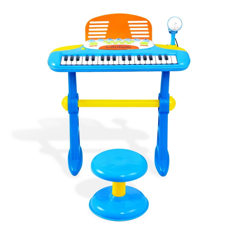 Colourful kids keyboard with stand, microphone and stool