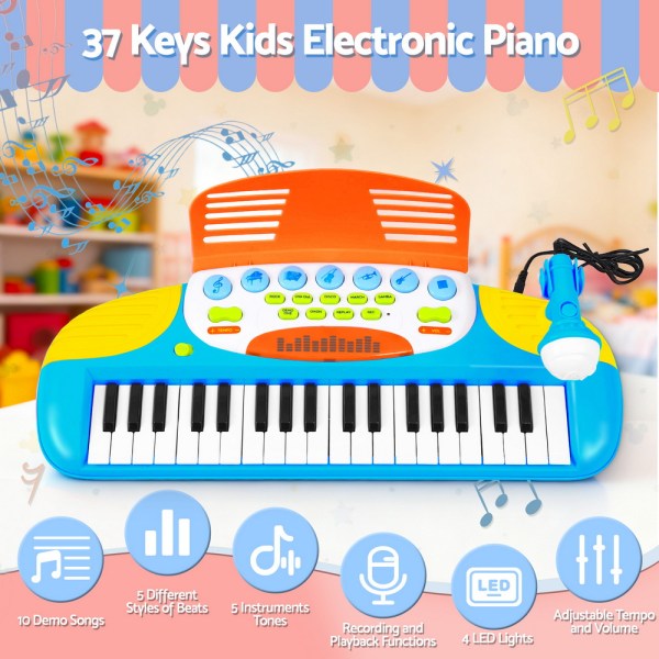 Colourful 37-key kids electronic piano with microphone