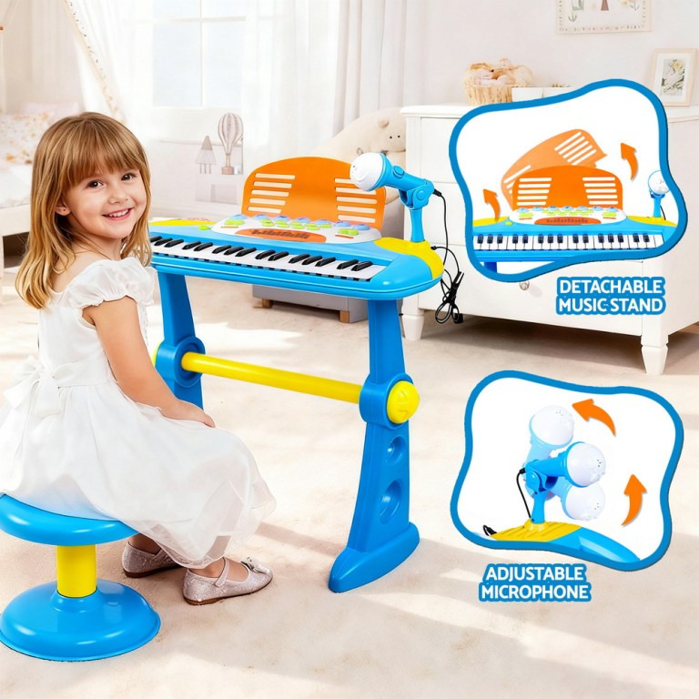 Child playing colourful keyboard with microphone stand