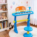 Colourful children’s keyboard with stool in nursery