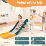 Kids playing on indoor slide and basketball set