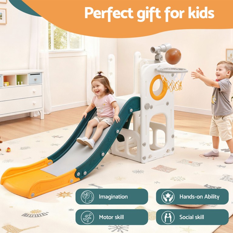 Kids playing on indoor slide and basketball set