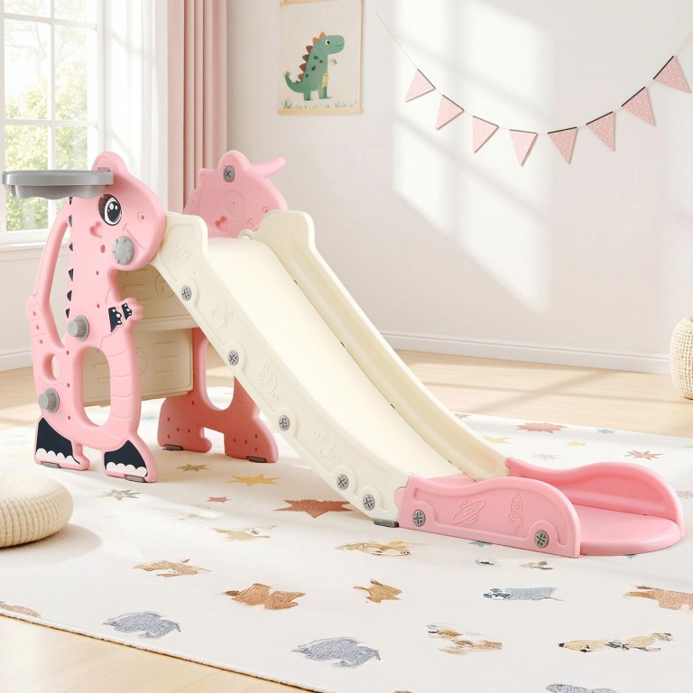 Pink dinosaur toddler slide in pastel playroom