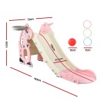Pink and beige children’s slide with dimensions shown