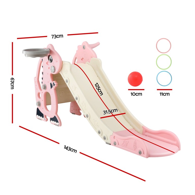 Pink and beige children’s slide with dimensions shown