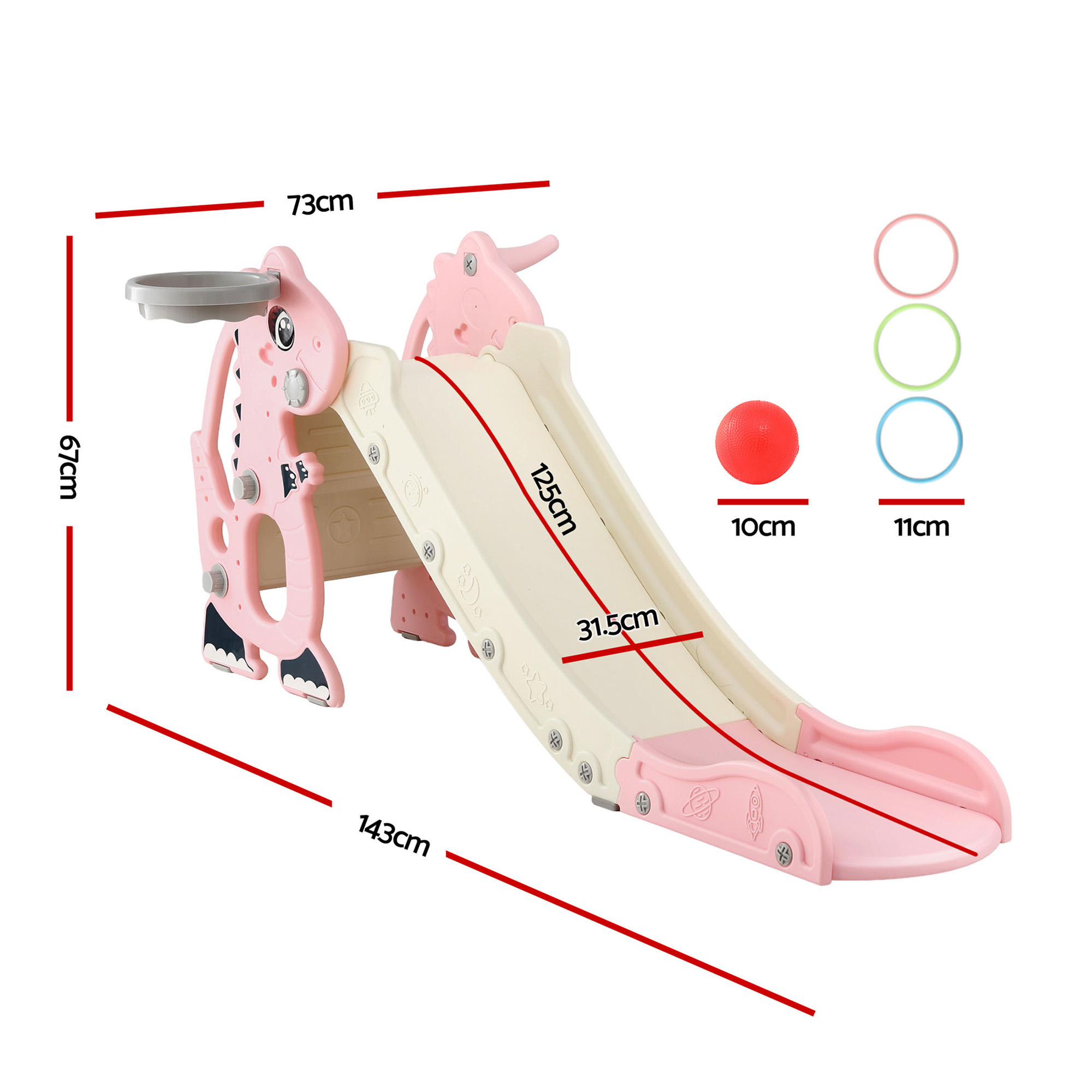 Pink and beige children’s slide with dimensions shown
