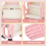 Pink toddler slide with safety features close-up