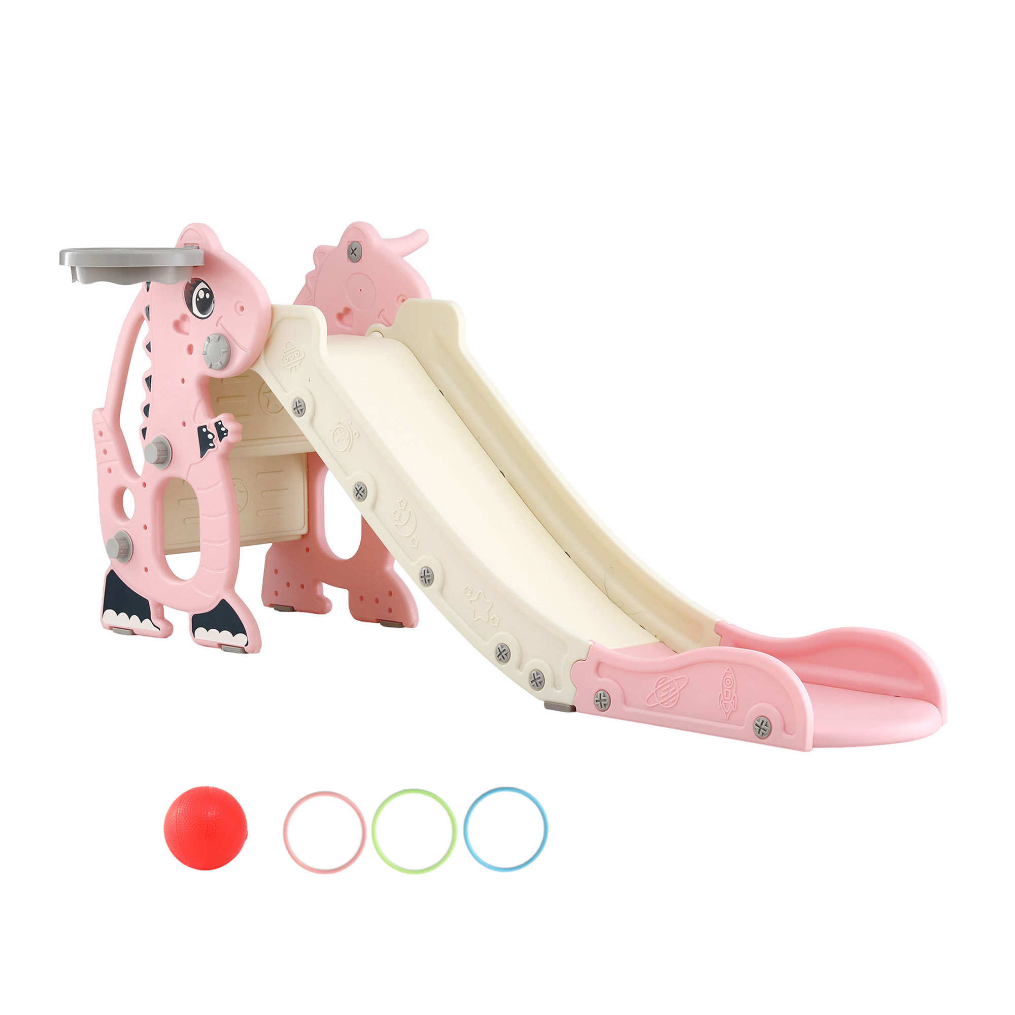 Pink dinosaur-themed kids slide with mini hoop