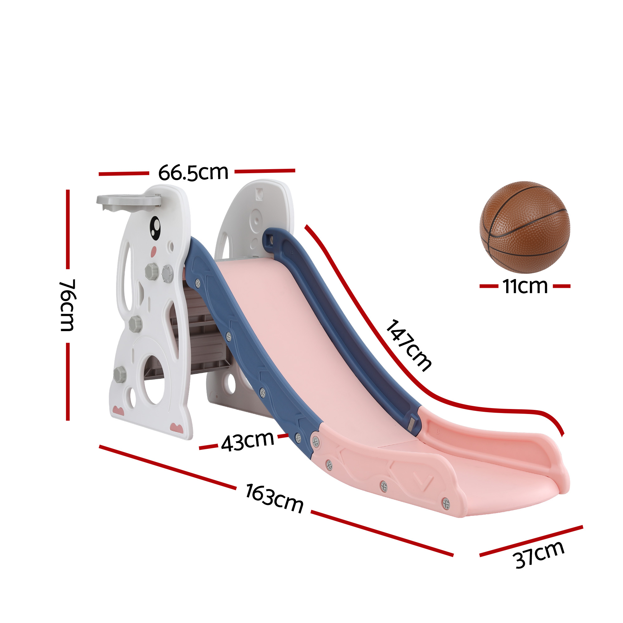 Children’s indoor slide with dimensions and small basketball