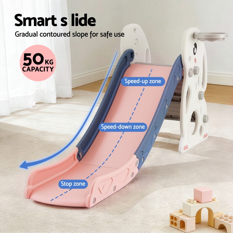 Children’s indoor slide with contoured safety slope