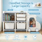 keezi toy storage organizer with 4 storage bins and cabinet, bookcase kids toys box, toy storage for kids room, playroom, bedroom, nursery, car shaped Children’s multi-tier storage cabinet with drawers and bins