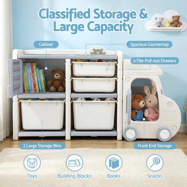 Children’s multi-tier storage cabinet with drawers and bins